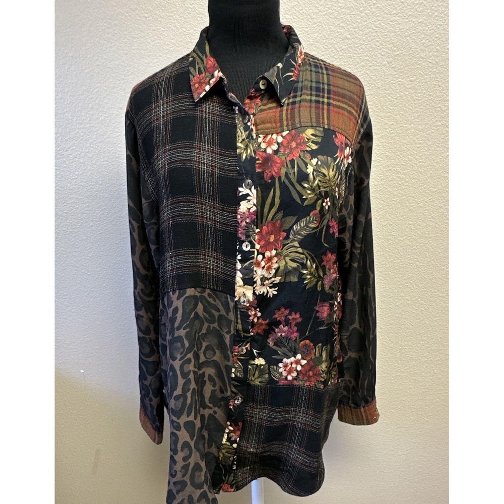 Johnny Was Workshop Octave Small Floral Print Patchwork Prairie Boho Chic Blouse